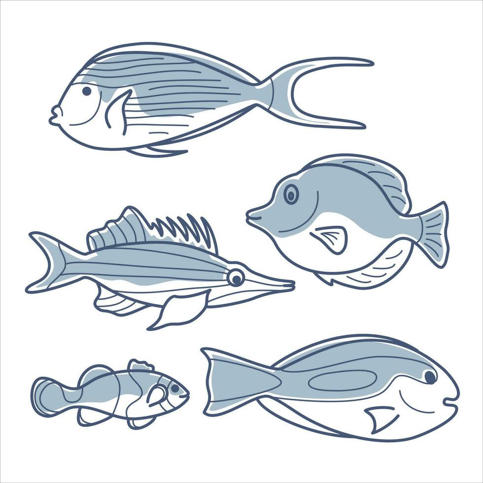 conjunto do vetor contorno ilustrações do mar peixes com parcial preencher.