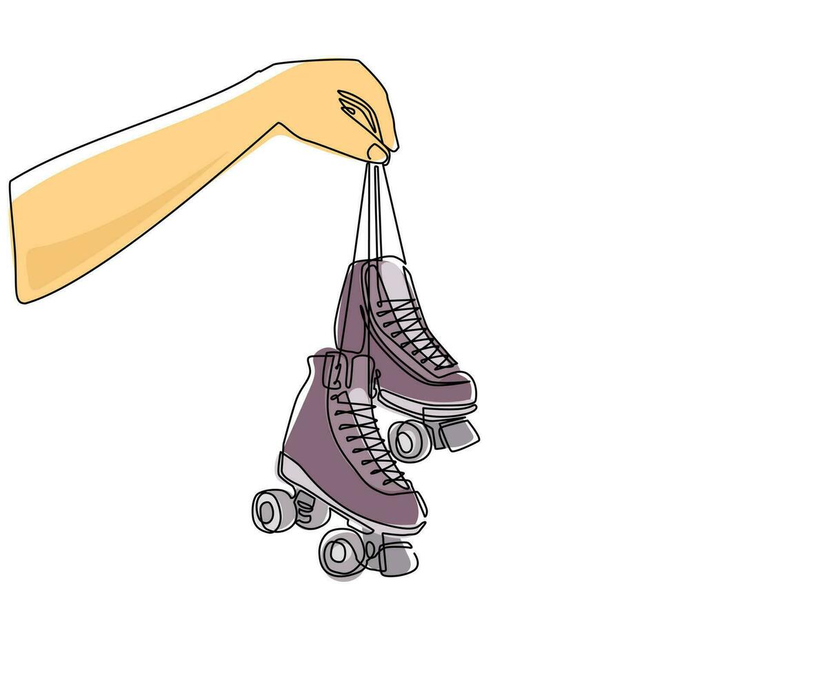 única mão de jogador de desenho de linha segura patins. mão de homem segurando um par de velhos sapatos de skate quad de plástico retrô. esporte radical clássico vintage. vetor gráfico de desenho de desenho de linha contínua