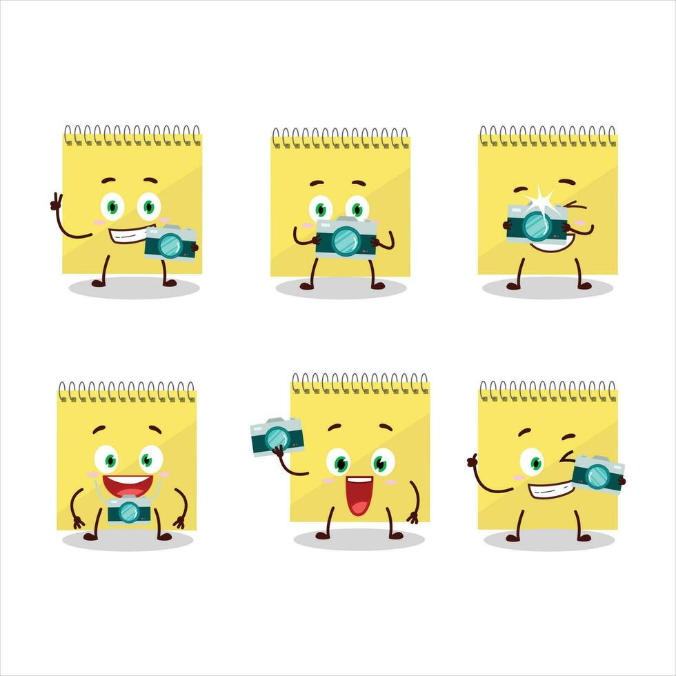 fotógrafo profissão emoticon com espiral quadrado amarelo cadernos desenho animado personagem vetor