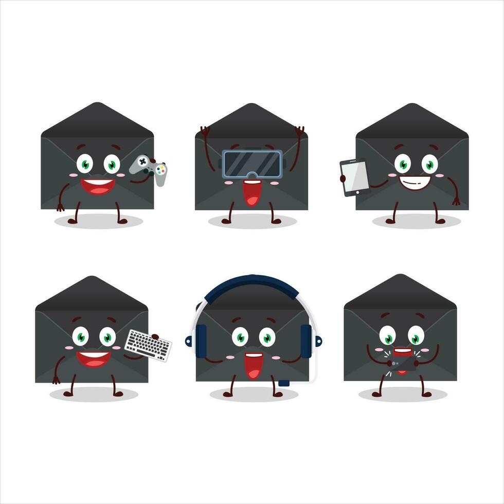 Preto envelope desenho animado personagem estão jogando jogos com vários fofa emoticons vetor