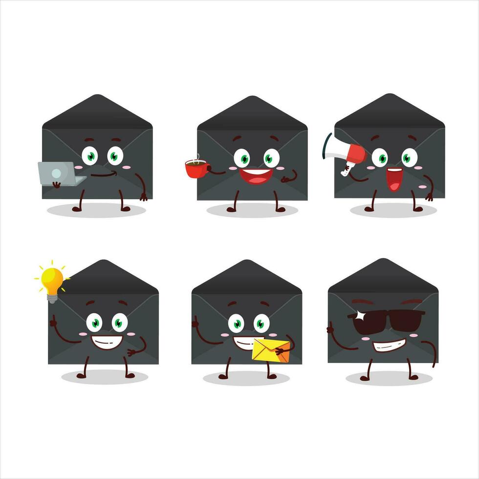 Preto envelope desenho animado personagem com vários tipos do o negócio emoticons vetor