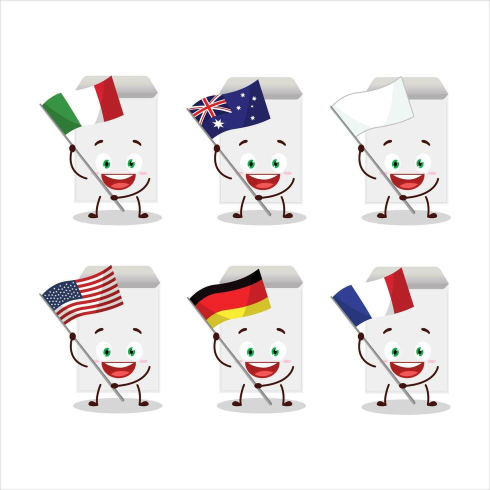 branco envelope desenho animado personagem trazer a bandeiras do vários países vetor