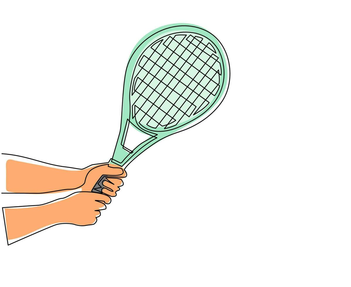 única mão de jogador de desenho de linha segurando a raquete de tênis. equipamento desportivo raquetes de ténis. artigos esportivos para campeonato. atividade de verão ao ar livre. vetor gráfico de design de desenho de linha contínua moderno