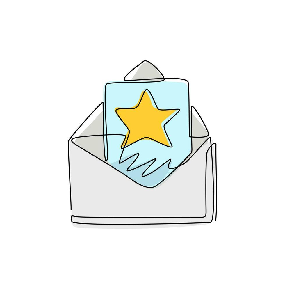 um único desenho de linha abriu o envelope de correio com imagem de estrela. ler a mensagem recebida. decoração para cartões, cartazes, banners. ilustração em vetor gráfico de desenho de linha contínua moderna