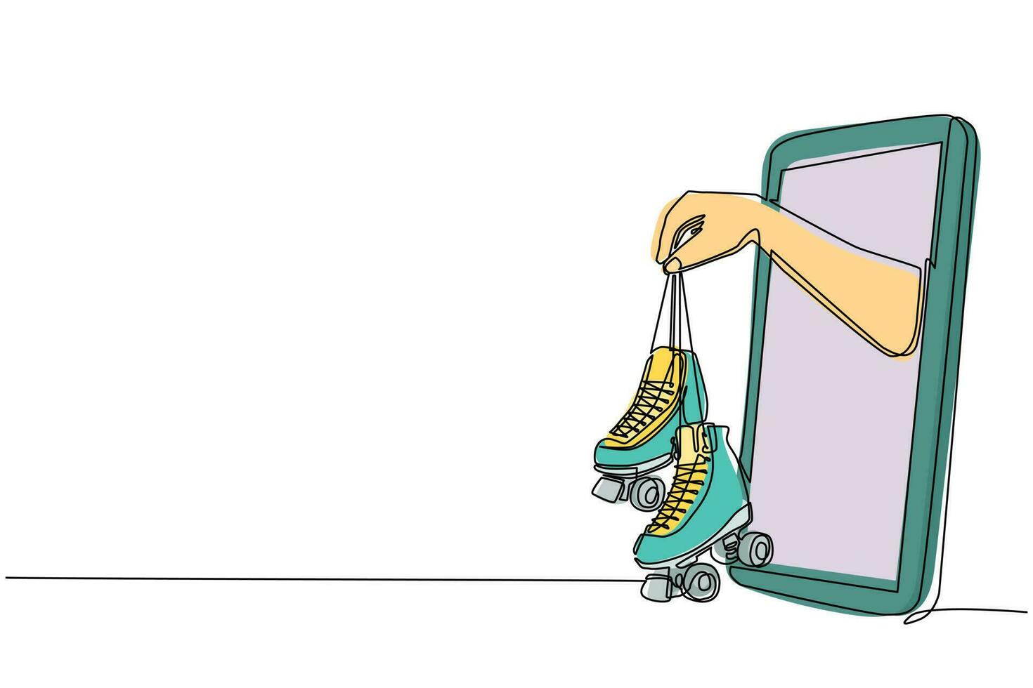 única mão de jogador de desenho de linha contínua segura patins através do telefone celular. smartphone com aplicativo de jogos de patins. campeonato de transmissão de esportes móveis. ilustração vetorial de design de desenho de uma linha vetor