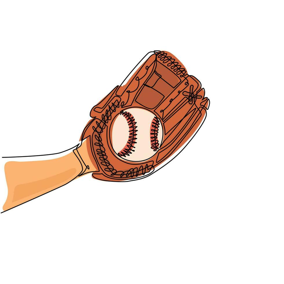 única linha contínua desenhando a mão do jogador de beisebol segurando a bola com luva. conceito de apanhador. estoque de equipamentos esportivos. luva segurando uma bola de beisebol. uma linha desenhar ilustração em vetor design gráfico