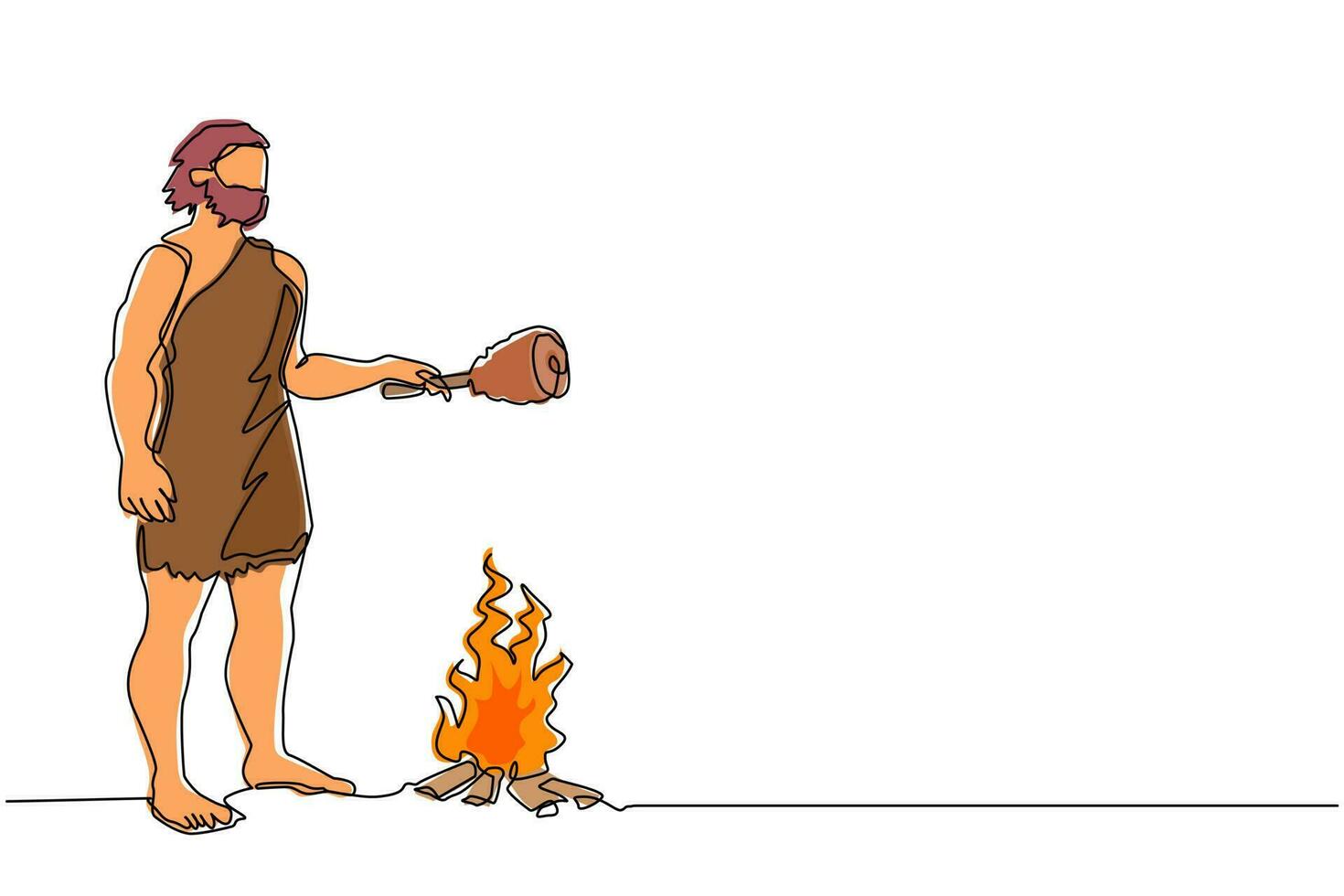 uma linha contínua desenhando o homem pré-histórico em pé e cozinhando carne na fogueira. homem das cavernas fica e cozinha comida de carne na fogueira. humano antigo e arcaico. ilustração vetorial de desenho de linha única vetor