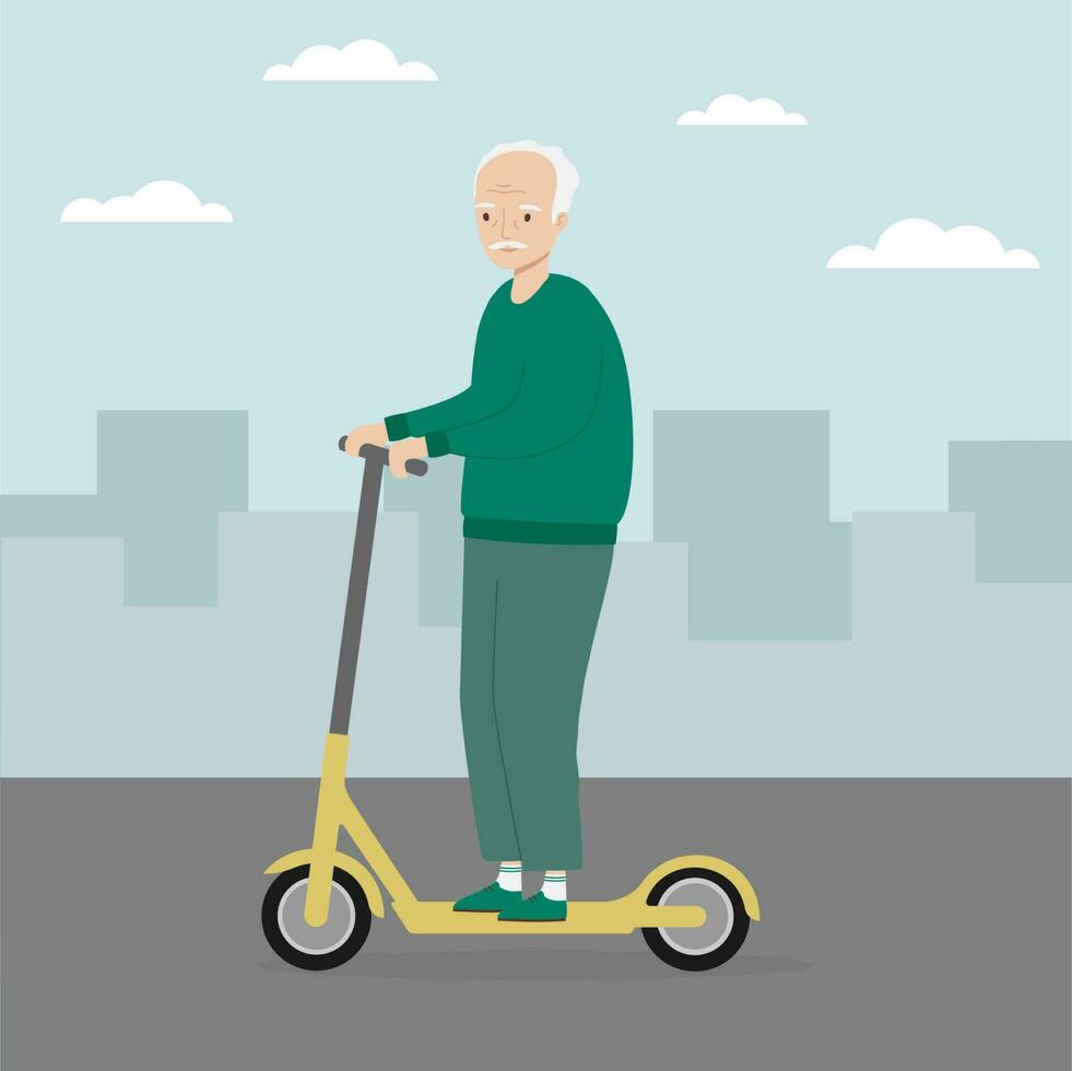 Senior homem equitação pontapé lambreta. velho homem equitação elétrico lambreta dentro a cidade. vetor ilustração