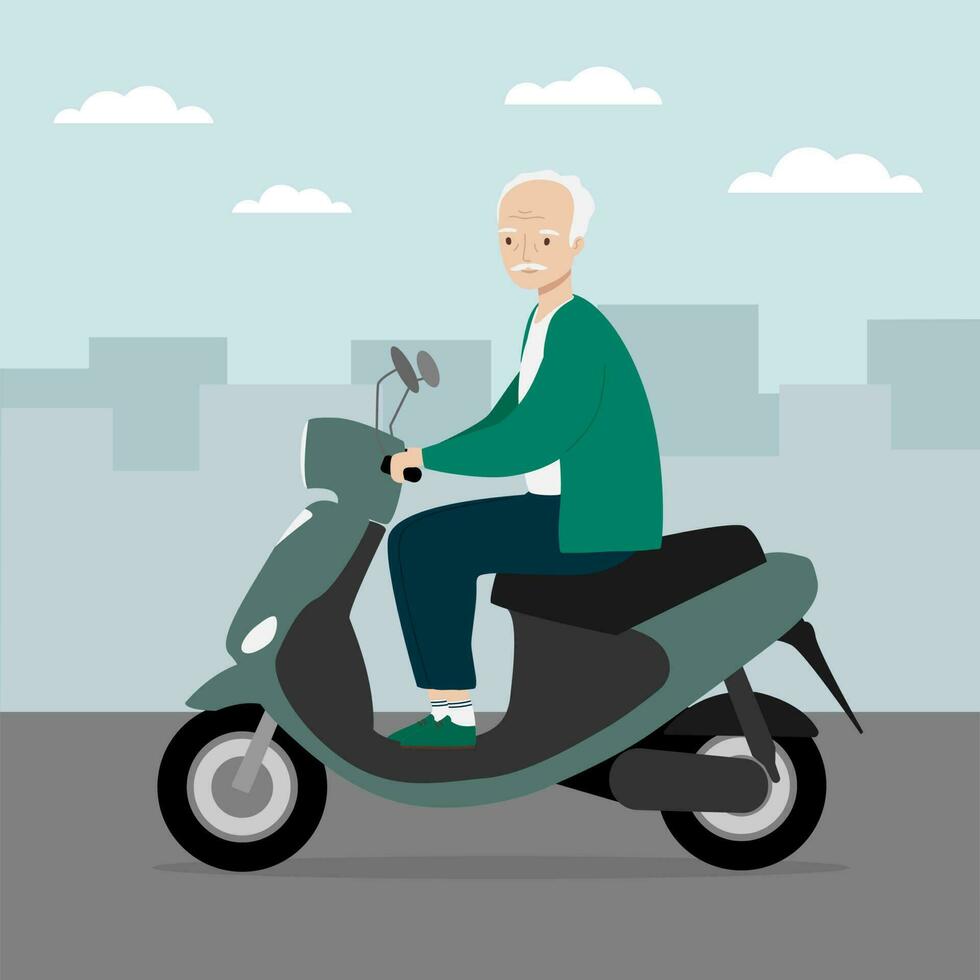 Senior homem viajando em moderno motor lambreta. velho homem equitação elétrico lambreta dentro a cidade. vetor ilustração