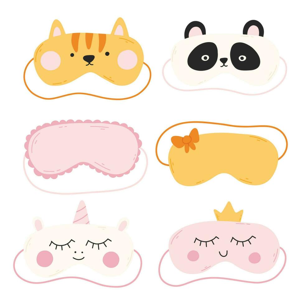 conjunto do dormir máscaras dentro plano estilo. coleção do mão desenhado máscaras. vetor ilustração. iasca para dormindo com uma gato, panda, unicórnio.