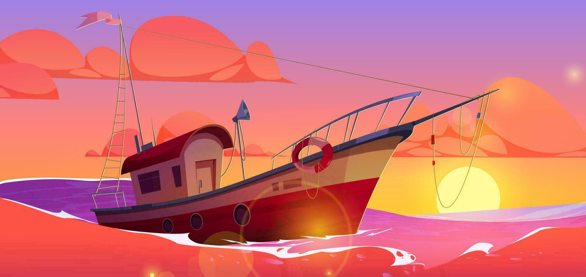 desenho animado barco flutuando dentro mar, pôr do sol fundo vetor