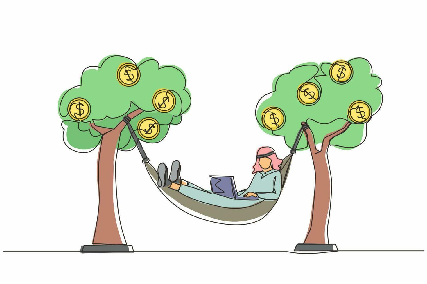 único desenho de uma linha empresário árabe rico digitando com laptop na rede amarrada na árvore do dinheiro com moedas de dólar. obter lucro ou dividendo do investimento. vetor gráfico de desenho de desenho de linha contínua