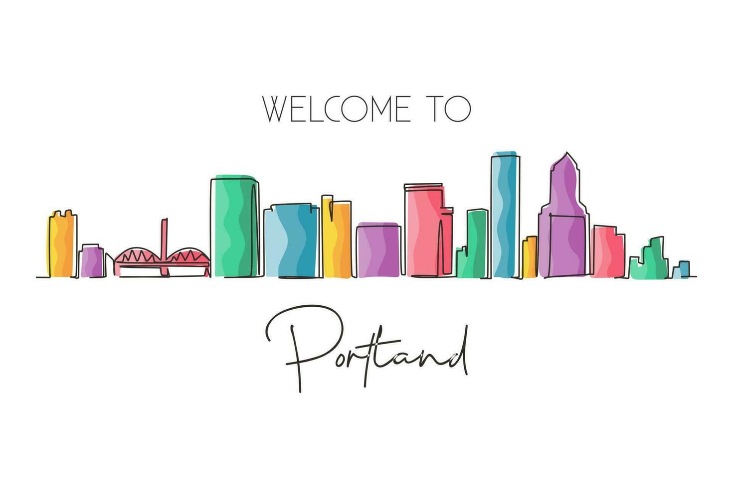 único desenho de uma linha horizonte da cidade de portland, oregon. belo marco. cartaz de decoração de parede de viagens de turismo de paisagem de mundo bonito, cartão postal. ilustração em vetor gráfico de desenho de linha contínua