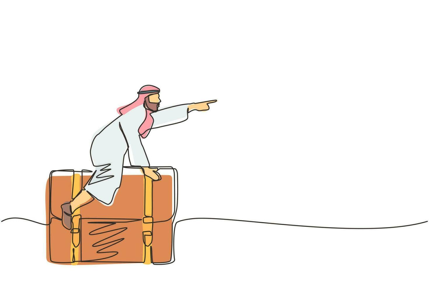 único desenho de linha contínua empresário árabe voando na maleta de negócios de couro. liderança e ataque. movimento de pessoa de negócios alcançar o sucesso. uma linha desenhar ilustração em vetor design gráfico