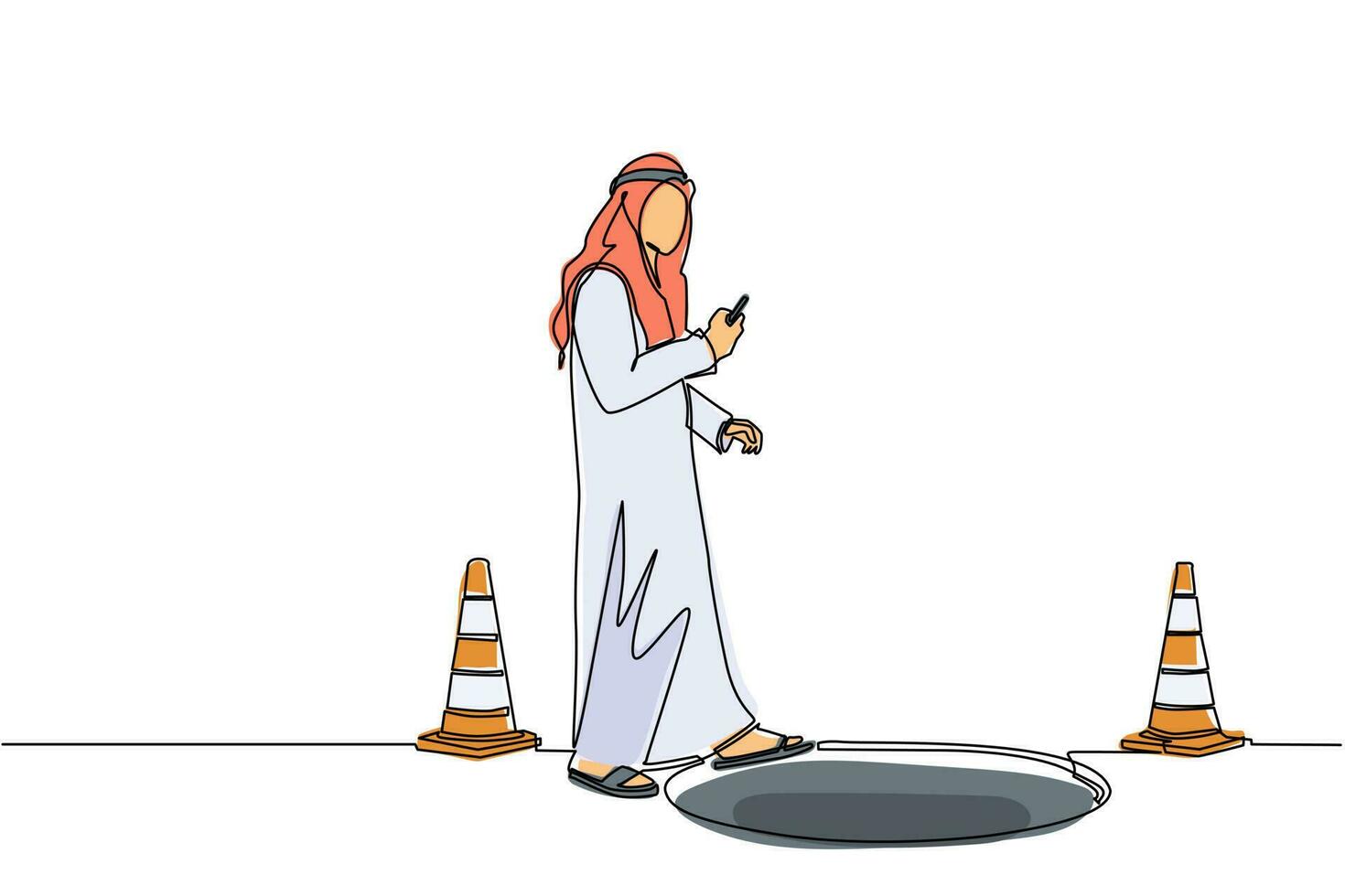único personagem de empresário árabe de desenho de linha indo na rua assistindo por telefone inteligente e não viu bueiro aberto. homem caminha para armadilha de negócios. ilustração em vetor gráfico de design de linha contínua