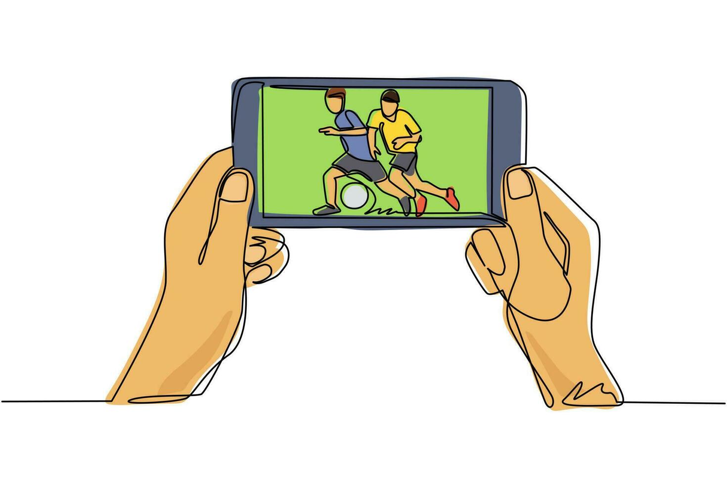 único desenho de uma linha de futebol ou liga de futebol ao vivo no celular. mãos de homem segurando o smartphone e assista a qualquer partida de futebol ao vivo online. ilustração em vetor design de desenho de linha contínua