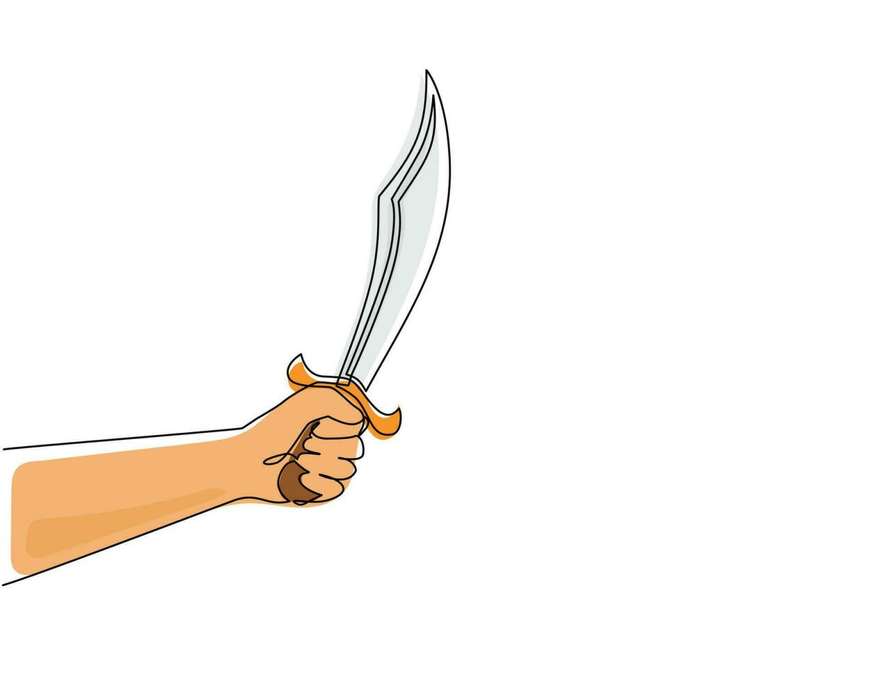 único desenho de linha contínua homem segurar o facão. faca machadinha com lâmina longa de aço. ferramenta manual para cortar galhos e madeira conhecida como facão. uma linha desenhar ilustração em vetor design gráfico