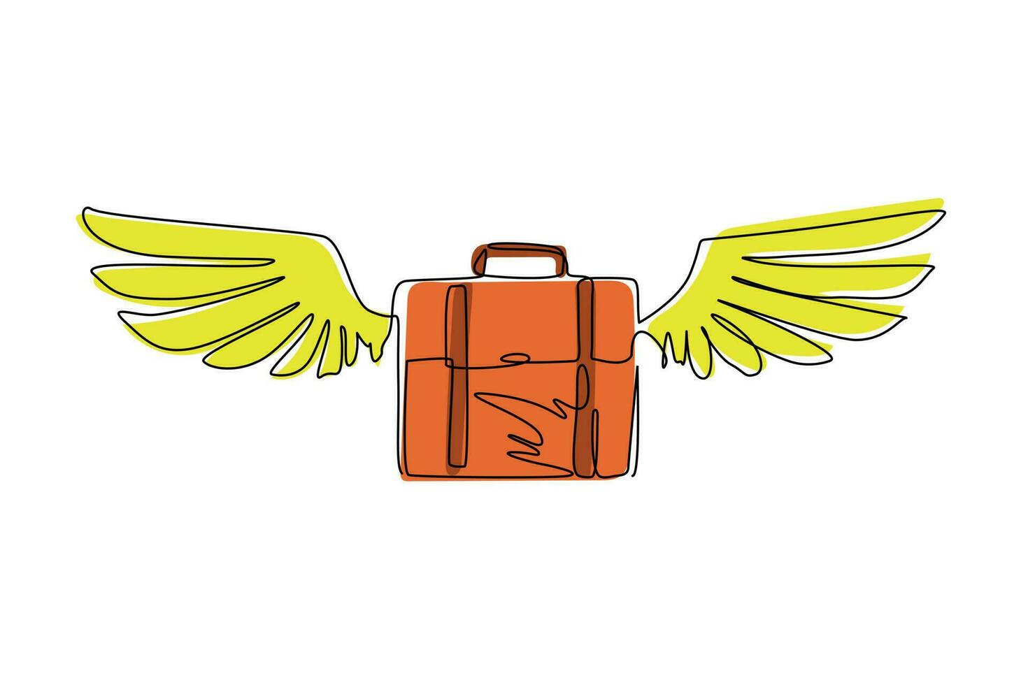 maleta de desenho de linha contínua única com logotipo de ícone plano de asas. mala de viagem em voo isolado. símbolo do turismo, bagagem e viagem. ilustração em vetor design gráfico de desenho gráfico de uma linha dinâmica