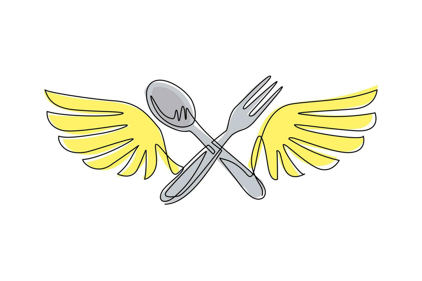 colher de garfo de desenho de linha única com ícone de logotipo de asas. entrega de comida deliciosa, negócio de catering, símbolo de área de fast food isolado. ilustração em vetor gráfico de desenho de linha contínua moderna