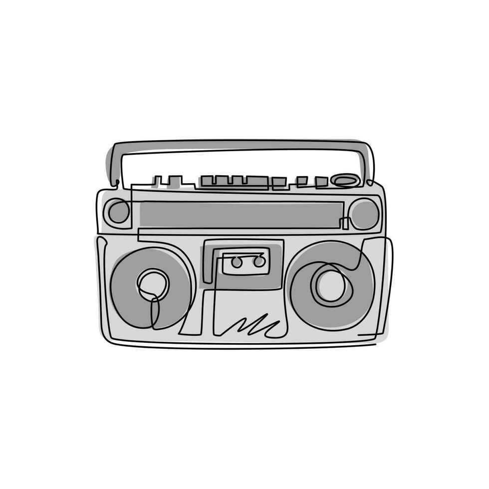 única fita de rádio de desenho de linha ou emblema de música preto e branco boombox. graffiti monocromático de gravador de fita. símbolo de ícone de rádio retrô. ilustração em vetor gráfico de desenho de linha contínua moderna