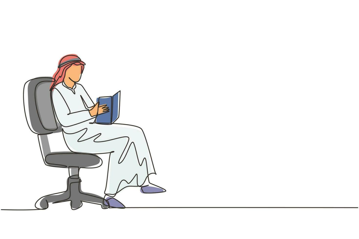 contínua uma linha de desenho moderno jovem árabe lendo livro sentado na cadeira. leitor masculino inteligente gostando de literatura, estudando e se preparando para o exame. ilustração vetorial de desenho de linha única vetor