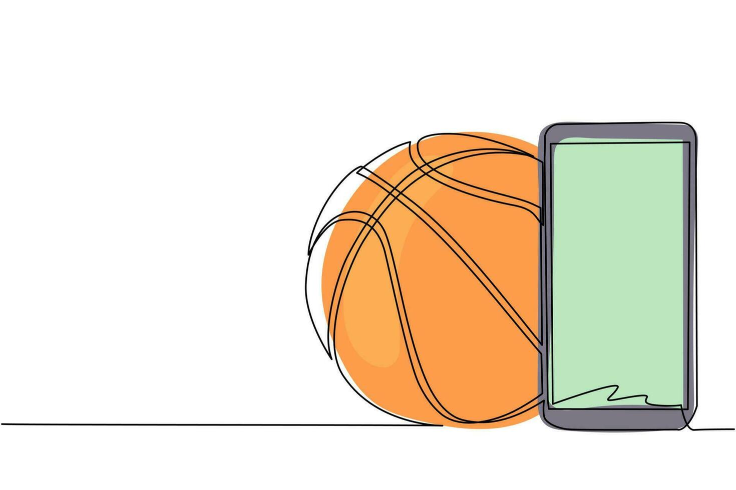 único smartphone de desenho de linha contínua e bola de basquete. smartphone com basquete de aplicativo. campeonato de fluxo de esportes móvel para jogar. ilustração em vetor design gráfico de desenho gráfico de uma linha dinâmica