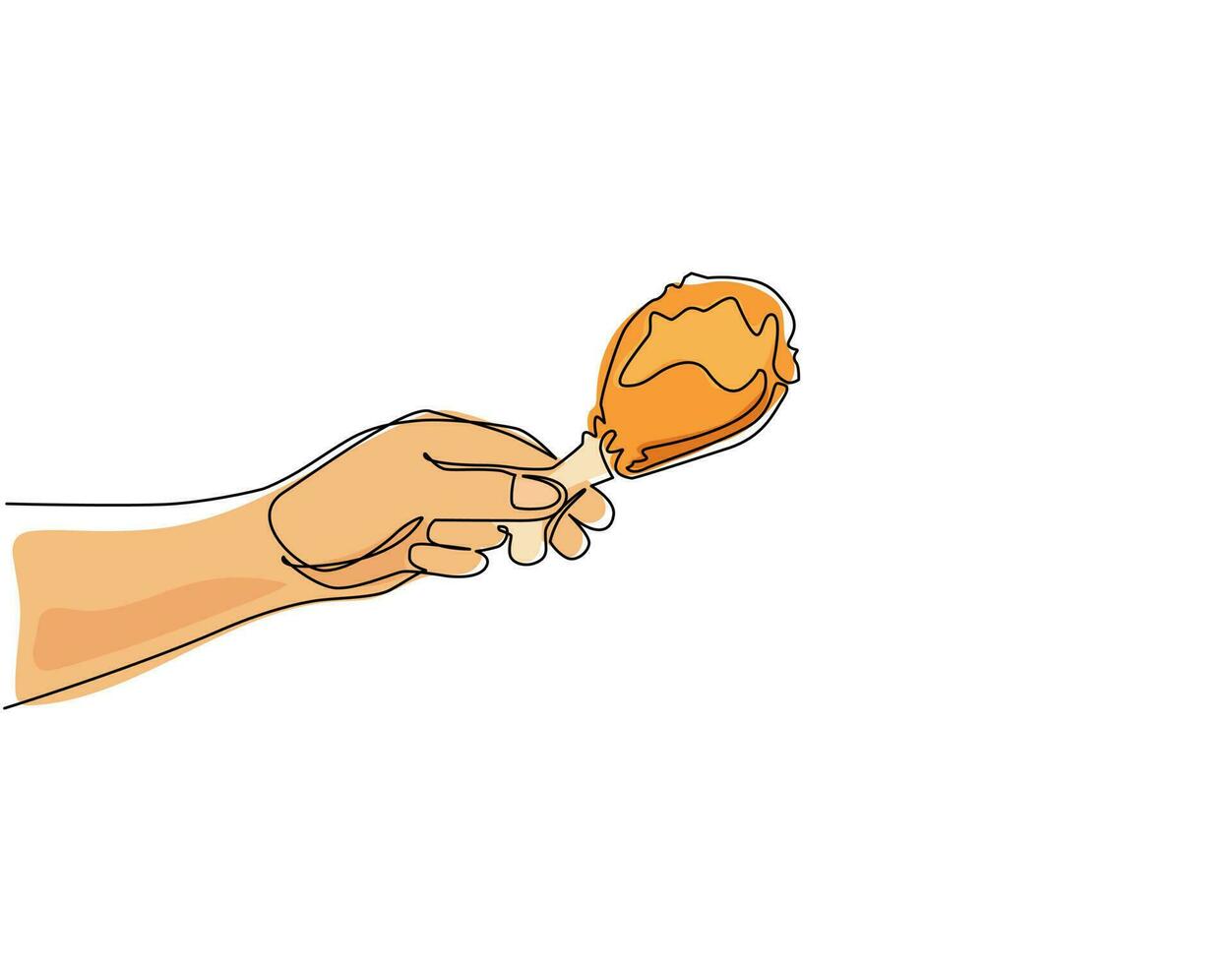 mão de homem de desenho de linha contínua segurando a coxa de frango frito, estilo de desenho. mão segurando coxinha de frango frito, grelhado, assado, perna. ilustração gráfica de vetor de desenho de linha única