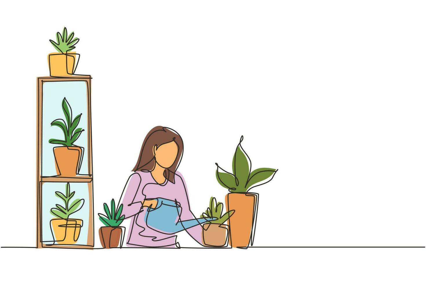 uma mulher de desenho de linha contínua está regando plantas, cuidando de verdes. hobby, estilo de vida de baixo desperdício, pensamento ecológico. jardim de casa. jardim na varanda. ilustração vetorial de desenho de linha única vetor