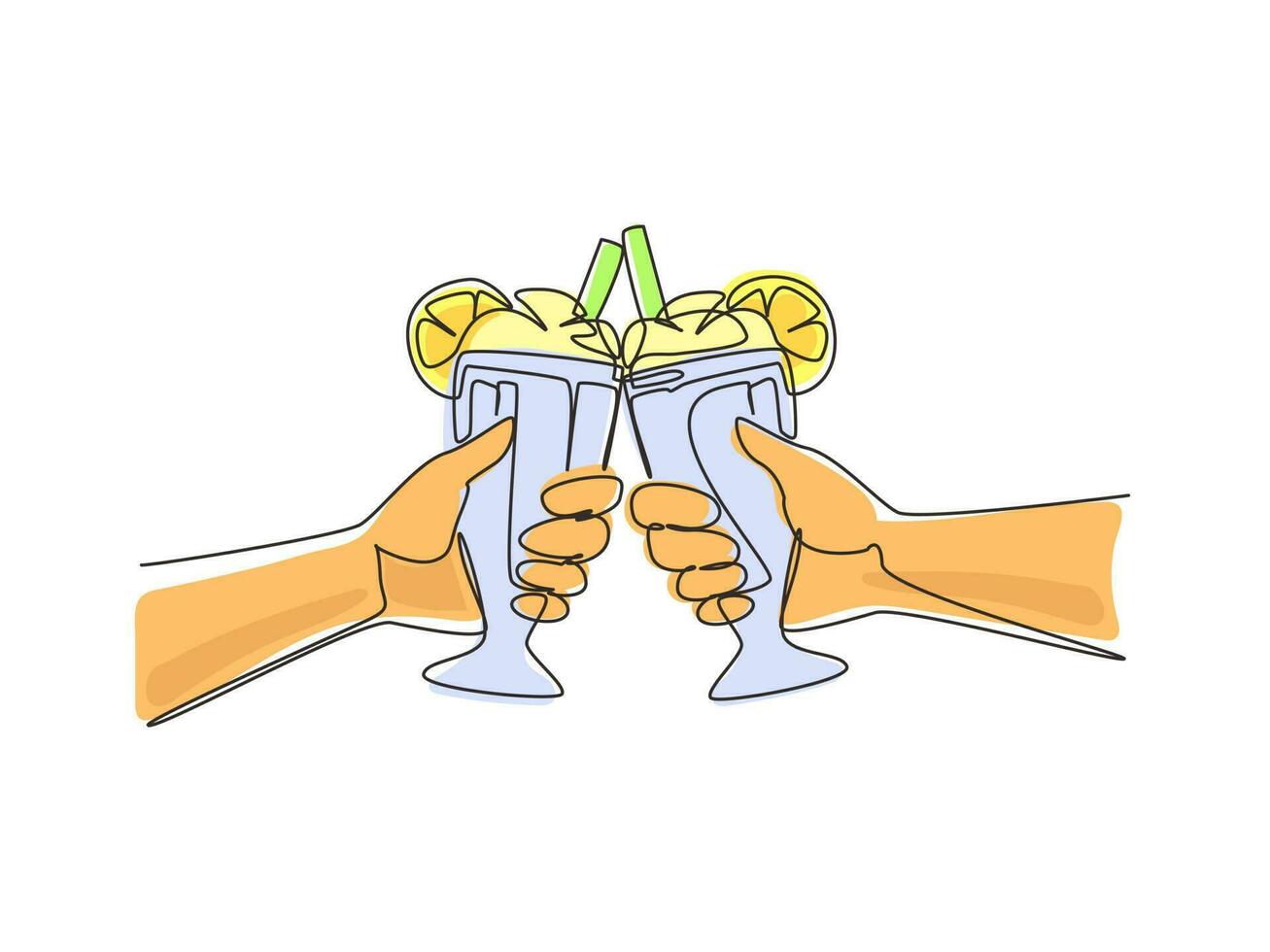 uma única linha desenhando uma visão recortada de pessoas tinindo com copos de milk-shake. casal está brindando com copo e bebe milkshake. ilustração em vetor gráfico de desenho de linha contínua