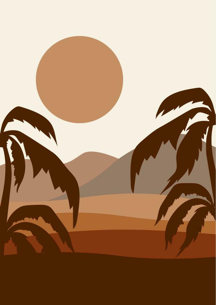 deserto oásis debaixo luz solar minimalista imprimível ilustração. dunas e Palma selvagem natureza panorama estético arte. Egito poster modelo vetor