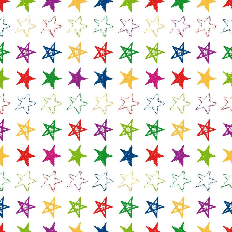 fundo sem emenda de estrelas doodle. estrelas desenhadas à mão multicoloridas em fundo branco. ilustração vetorial vetor