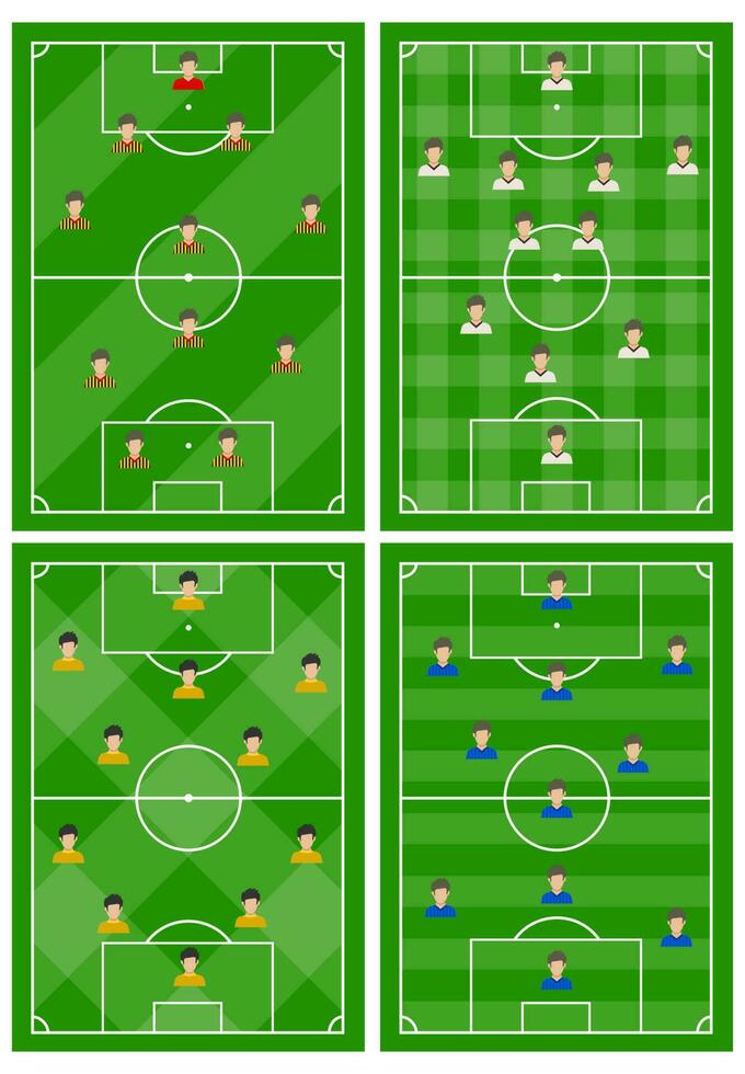 conjunto do quatro futebol Campos com uma diferente esquema do jogadoras em a campo. futebol campo para jogando. vetor ilustração