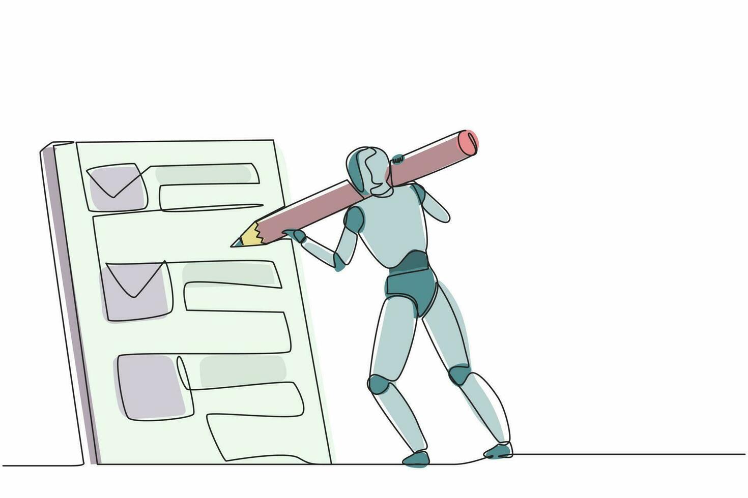 robôs de desenho contínuo de uma linha em pé e marque a lista de verificação com lápis grande. organismo cibernético robô humanóide. futuro conceito de desenvolvimento de robótica. ilustração gráfica de vetor de design de linha única
