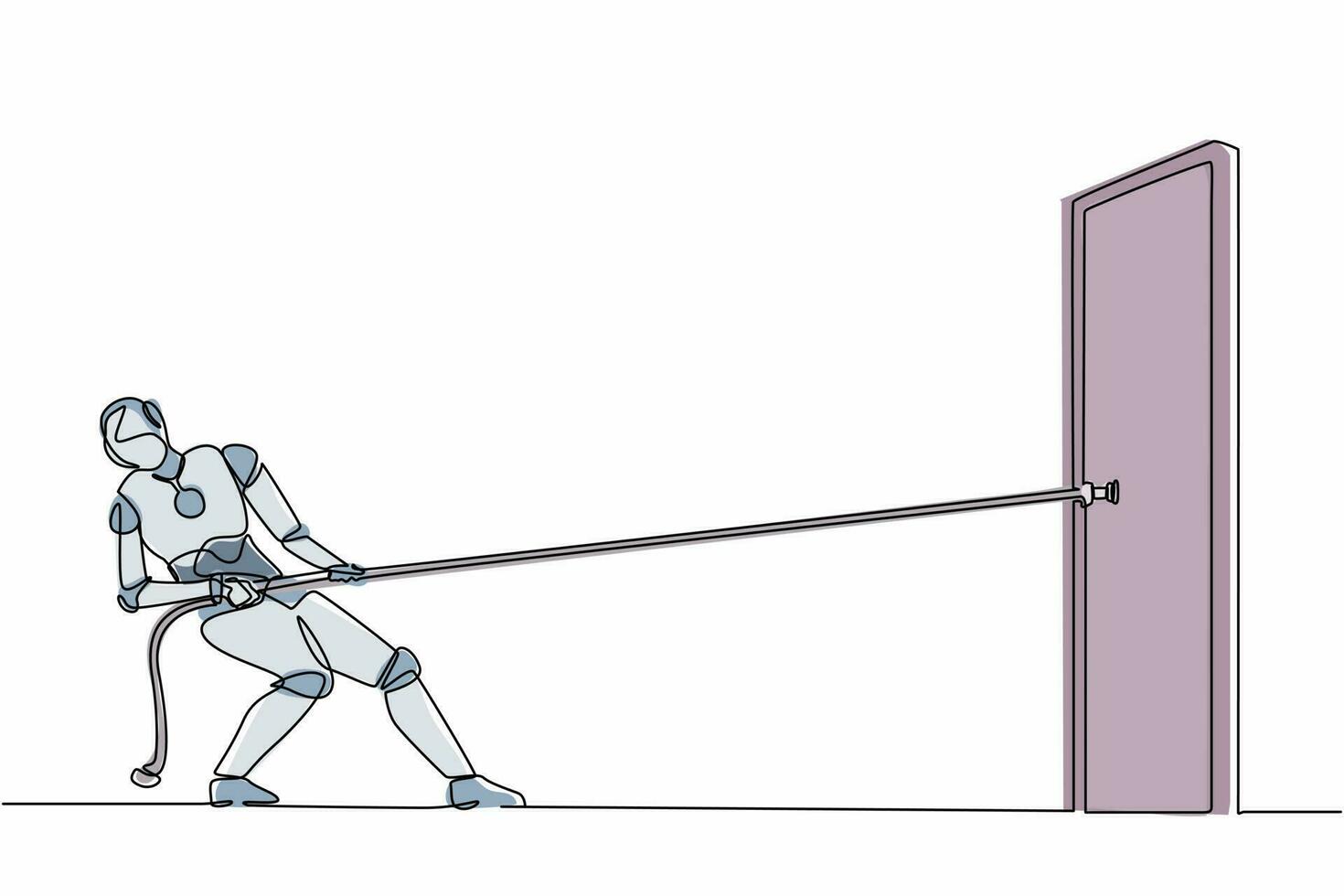 robô de desenho contínuo de uma linha puxando e tentando abrir a porta com corda. organismo cibernético robô humanóide. futuro conceito de desenvolvimento de robótica. ilustração gráfica de vetor de desenho de linha única