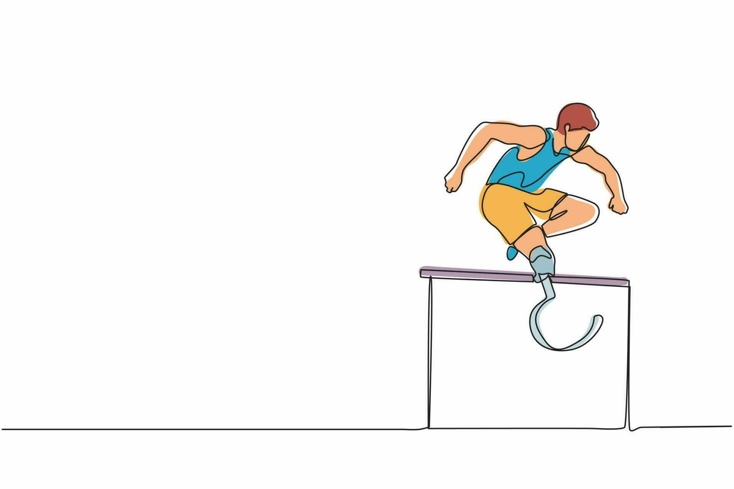 único desenho de linha contínua amputado jovem atleta masculino pulando, atropelando o obstáculo. jogos de deficiência com corrida de obstáculos. conceito de esporte de deficiência. uma linha desenhar ilustração em vetor design gráfico