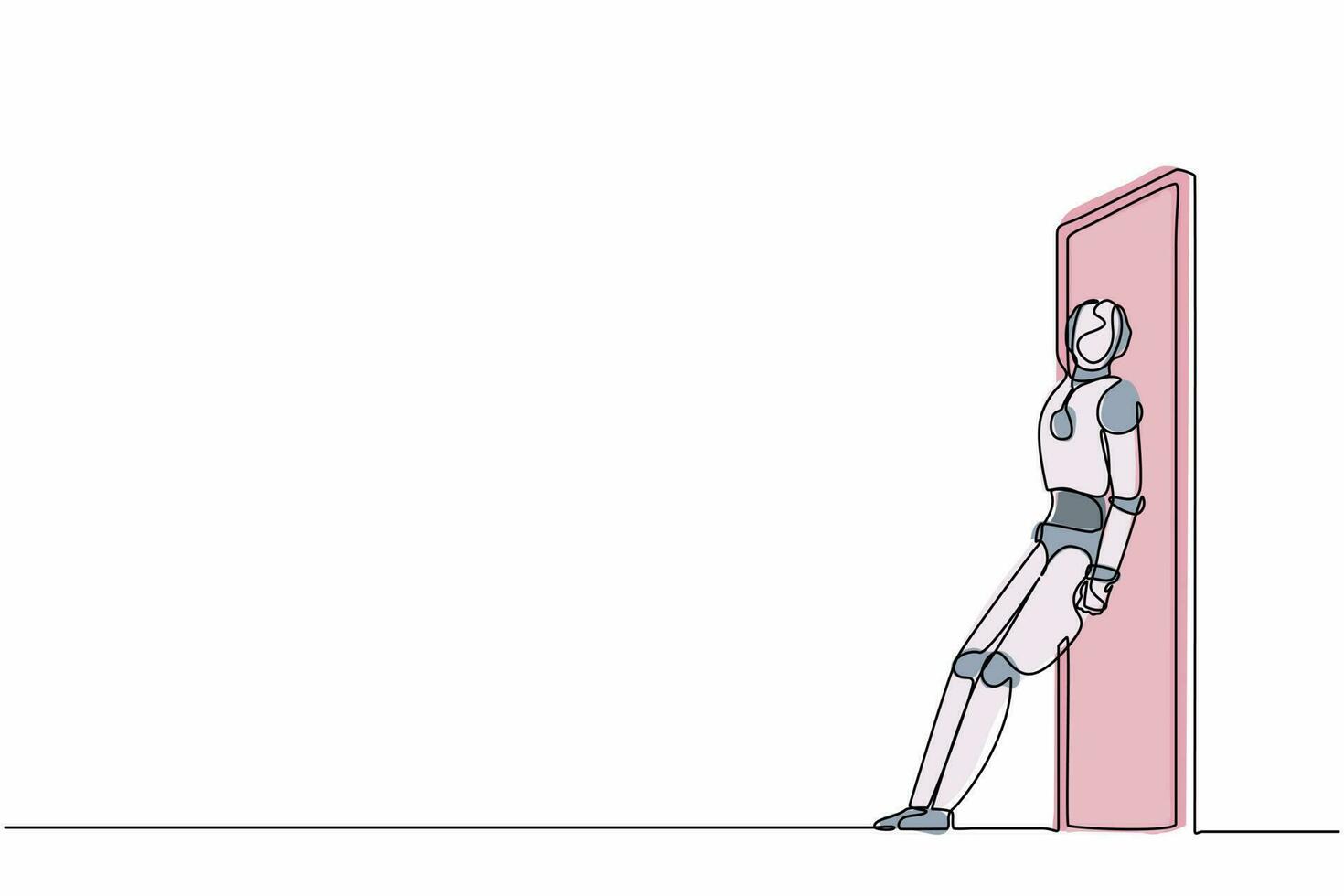 robôs de desenho contínuo de uma linha em pé e empurrando a porta com as costas. organismo cibernético robô humanóide. futuro conceito de desenvolvimento de robótica. ilustração gráfica de vetor de desenho de linha única