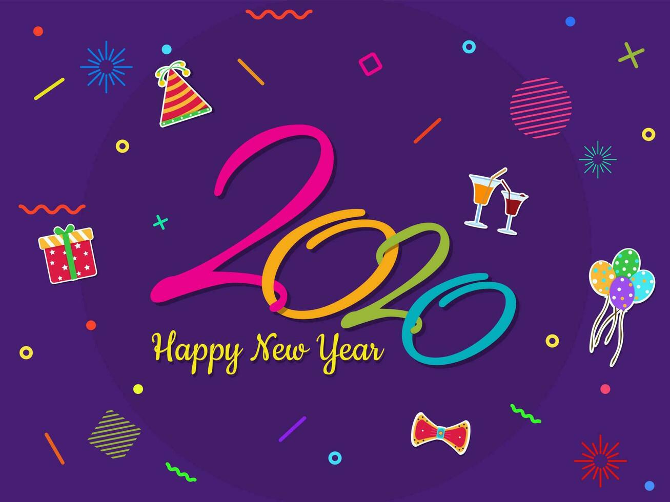 colorida texto 2020 feliz Novo ano com adesivo estilo coquetéis, balões, presente caixa, festa chapéu, arco gravata e abstrato elementos decorado em roxa fundo. vetor