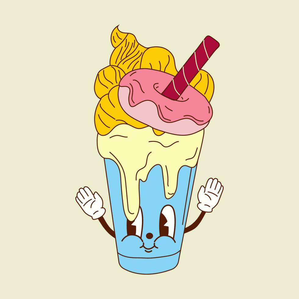 fofa feliz engraçado milkshake 30s desenho animado mascote personagem anos 40, anos 50, anos 60 velho animação estilo. vetor