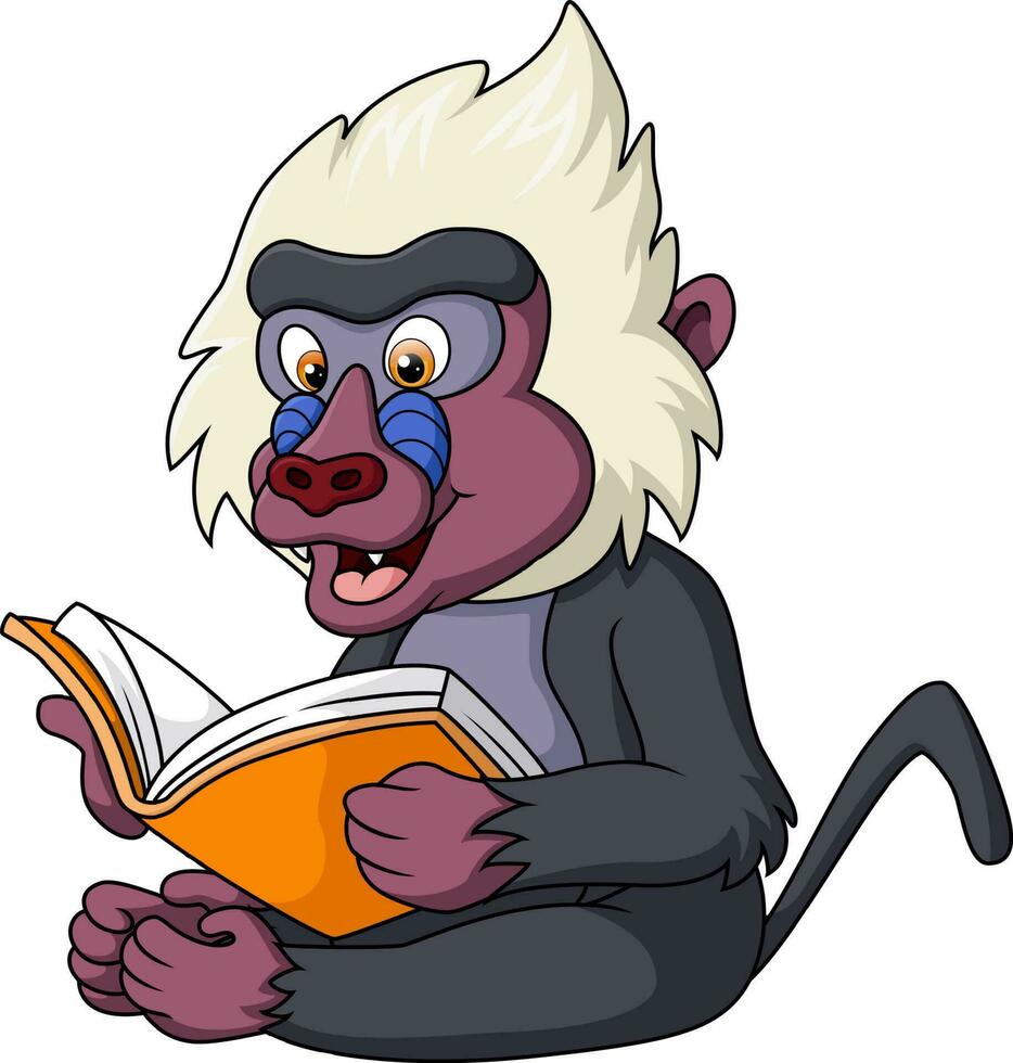 fofa mandril babuíno desenho animado lendo uma livro vetor