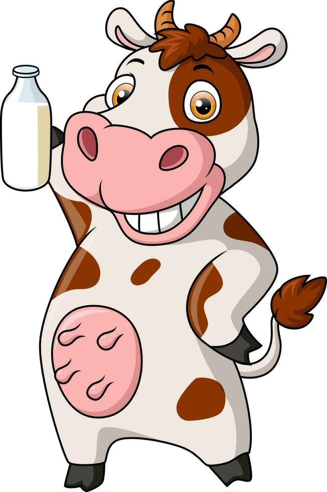 fofa vaca desenho animado segurando leite garrafa vetor