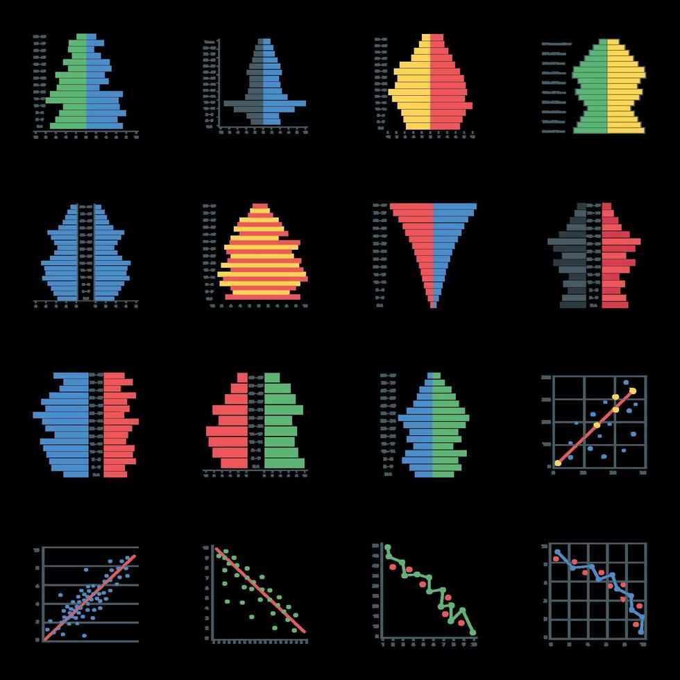 ícones planos de pirâmides populacionais vetor