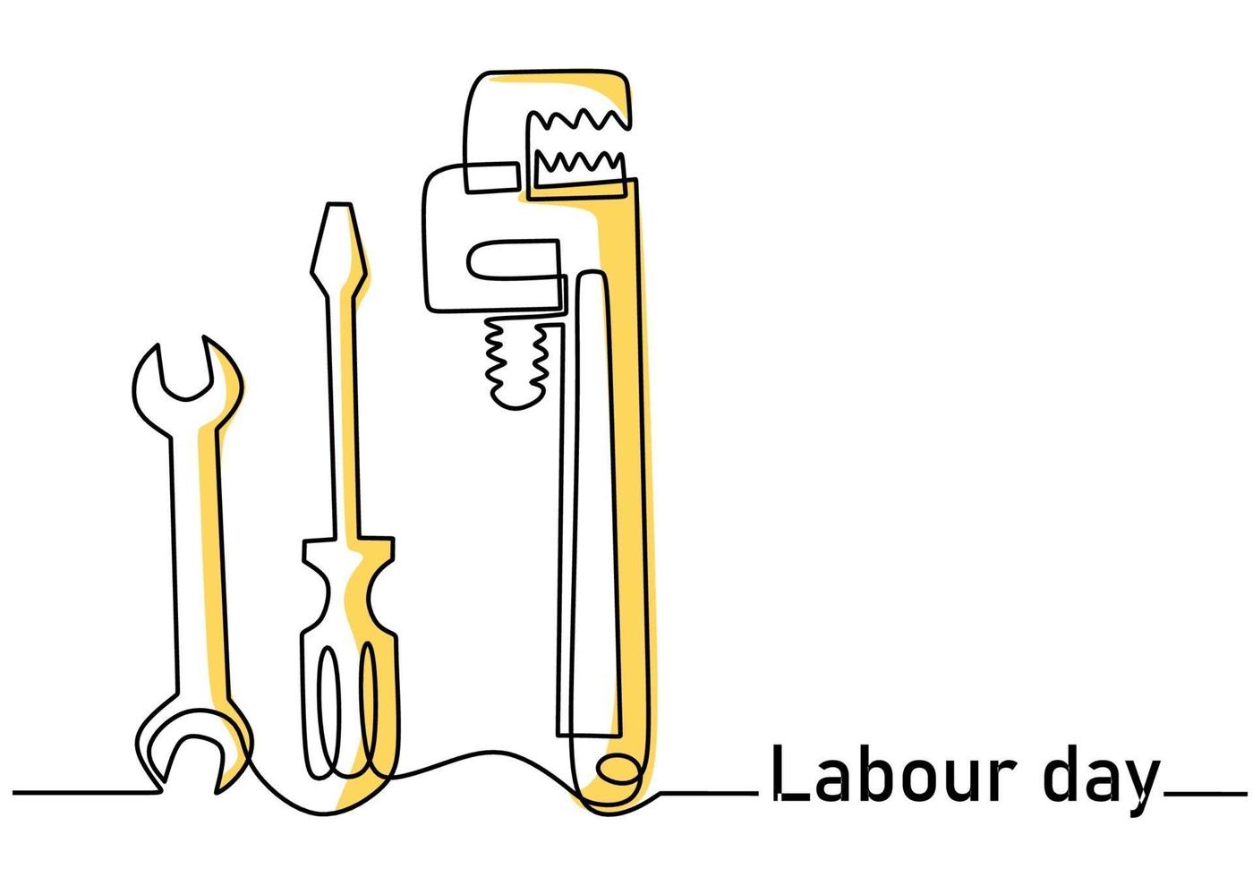 chave de fenda, chave inglesa, chave de fenda de linha contínua única com letras do dia do trabalho. Celebração de 1º de maio. conceito do dia do trabalho feliz isolado no fundo branco. ilustração de esboço de ferramentas de reparo de vetor