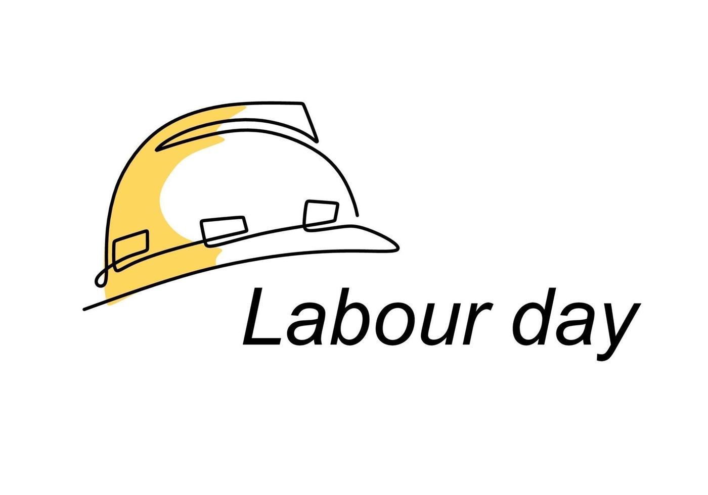 feliz Dia do Trabalho. um desenho de linha contínua de capacete amarelo com letras do dia do trabalho. fundo minimalista do ícone do chapéu de construção rígido de segurança, banner, cartaz. ilustração vetorial vetor