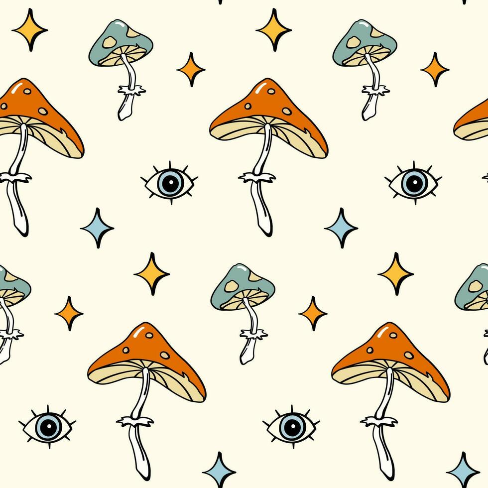 cogumelo cogumelo olho e estrelas desatado padronizar fundo Projeto Anos 70 retro estilo vetor