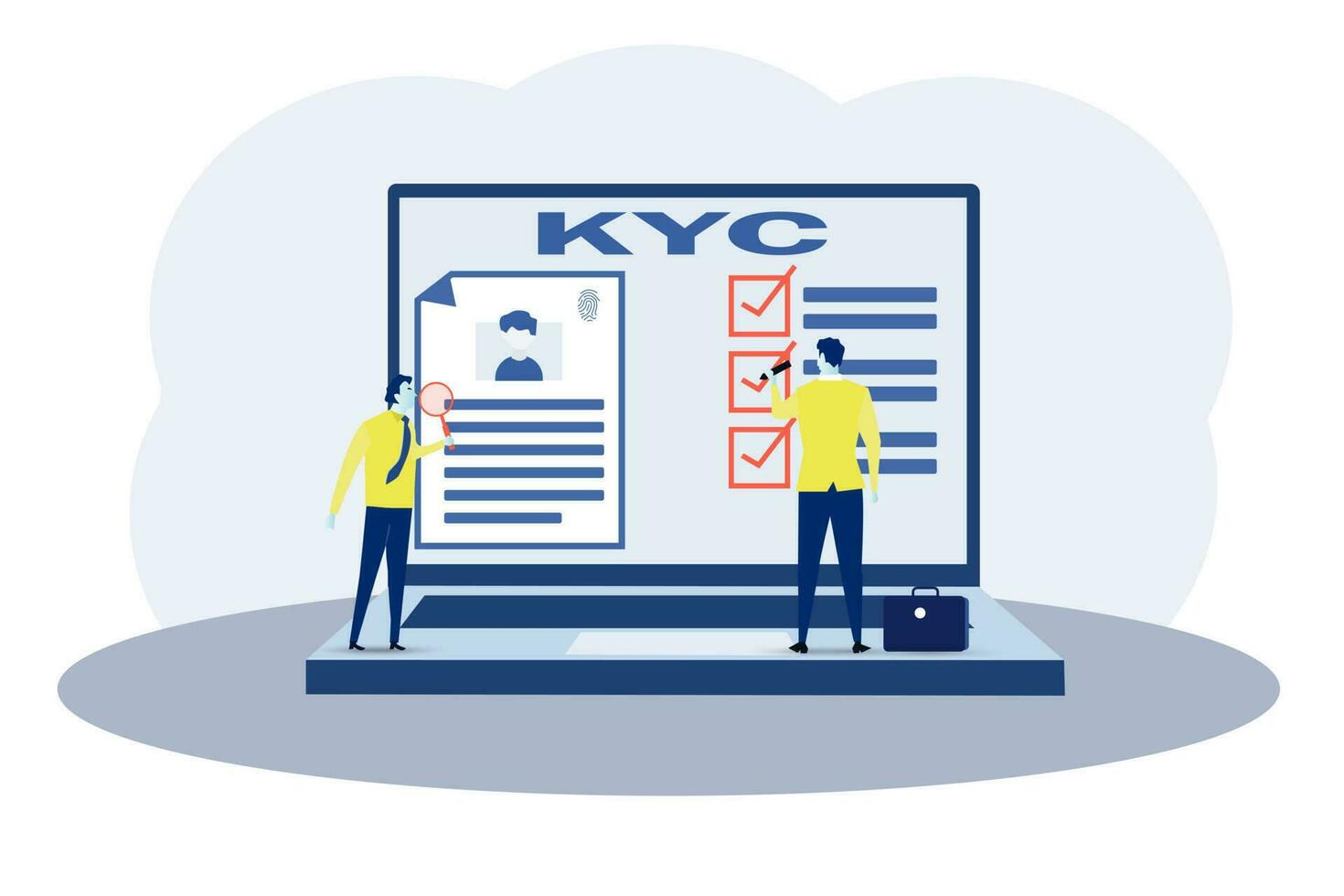 kyc ou conhecer seu o negócio com cliente verificando a identidade do Está clientes conceito às a futuros parceiros através uma ampliação vidro vetor ilustrador