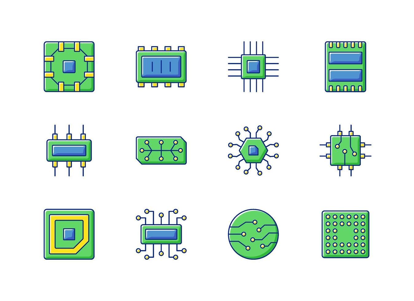 conjunto de ícones de cores rgb de microcircuitos vetor