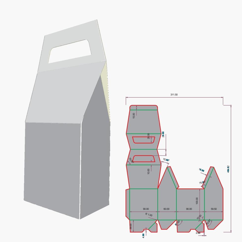 design de caixa cortada com alça de fechamento automático duas dobras topo de empena vetor