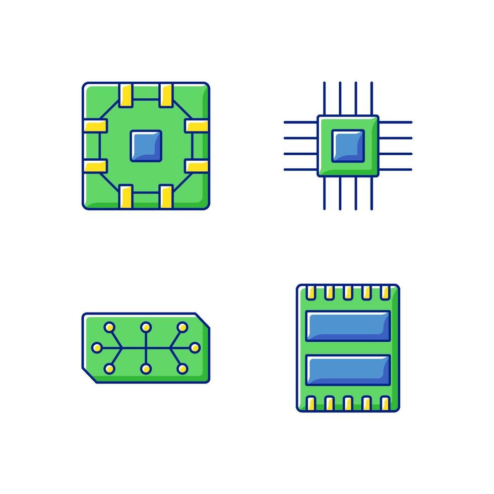 conjunto de ícones de cores rgb de microcircuitos vetor
