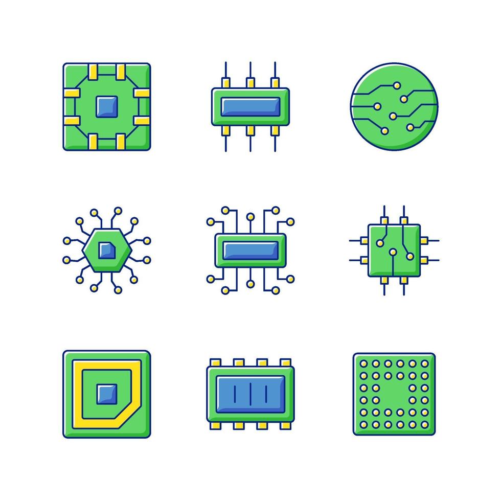 conjunto de ícones de cores rgb de microcircuitos vetor