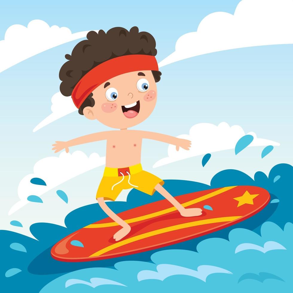 personagem de desenho animado feliz surfando no mar vetor